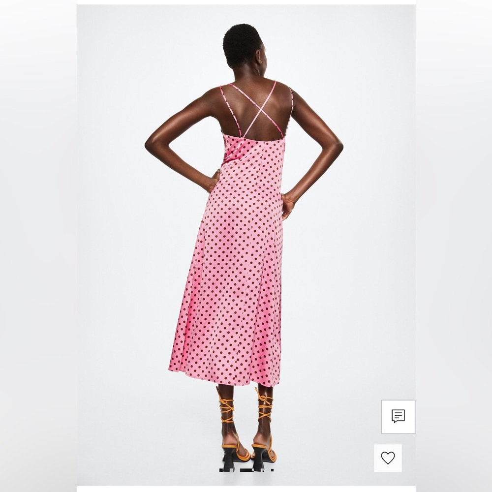 NWT Mango Pink and Brown Polka Dot Midi Satin Dress size S - Picture 2 of 13